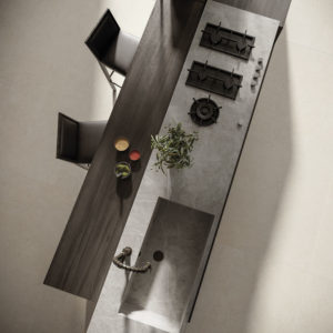 light grey stone cuisine plan grand format carrelage façonnage architecte décoration top marbre kitchen