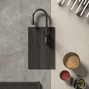 light grey stone cuisine plan grand format carrelage façonnage architecte décoration top marbre kitchen