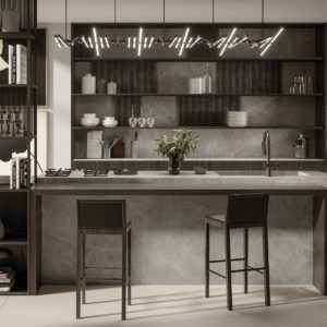 light grey stone cuisine plan grand format carrelage façonnage architecte décoration top marbre kitchen